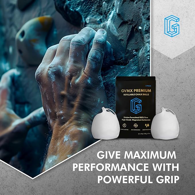130g (2 x 65g) Premium Chalk Balls. Pro-Grade Gym Chalk in Refillable Sock. Eco Friendly Packaging. Grip Enhancing Gym Accessory for Weightlifting, Rock Climbing, Gymnastics & More. Package May Vary.