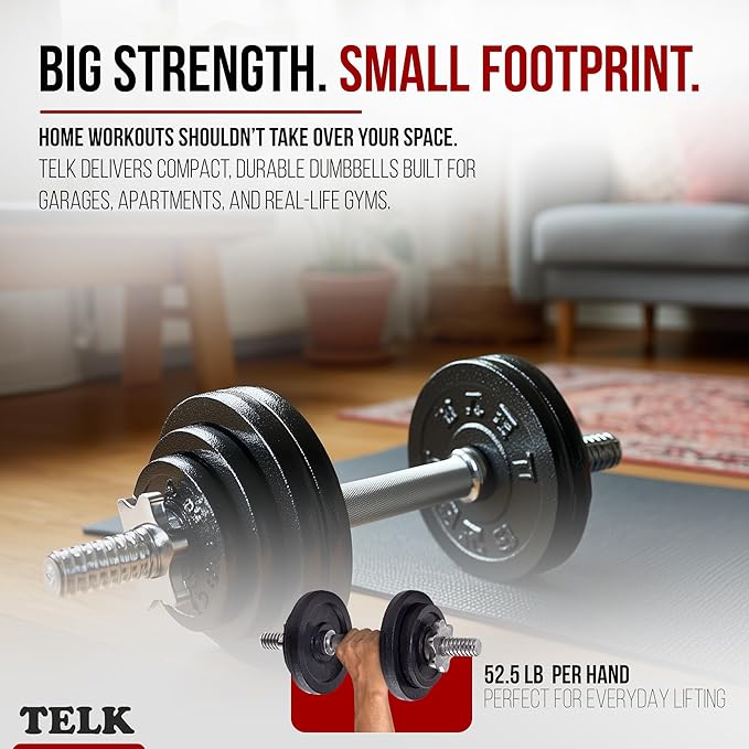 TELK – Adjustable Dumbbell Set – Home Gym Weight Set with Baked Enamel Cast Iron Plates – Space-Saving Free Weights for Strength Training