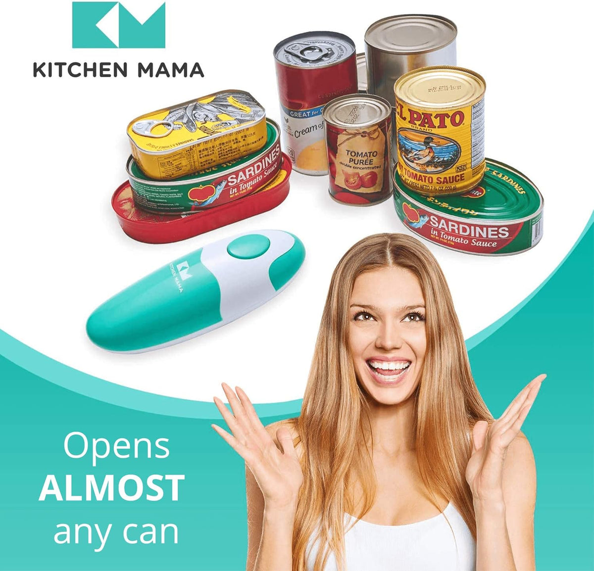 Kitchen Mama Auto Electric Can Opener: Safe, Easy with One Touch, Smooth Edge, Battery Operated, Cordless, Automatic Can Opener for Seniors with Arthritis, Hand Free Appliances, YES YOU CAN (Teal)