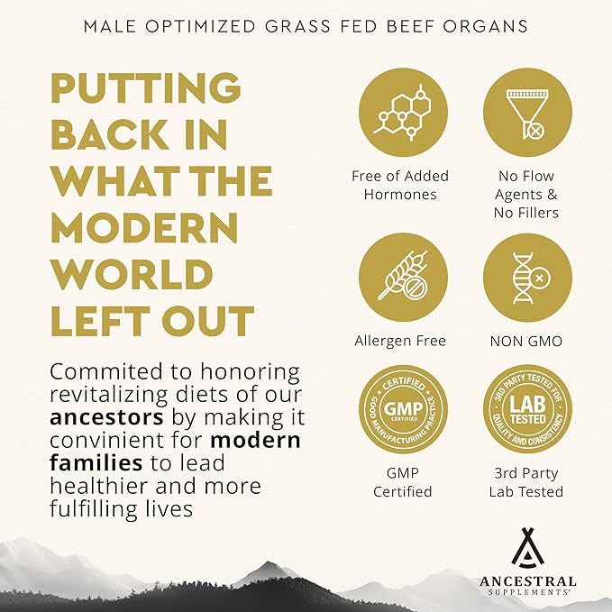 Ancestral Supplements Mofo, Supplements for Men, Support for Energy Levels and Overall Men's Health and Wellness, Non-GMO Grass Fed Beef Organ Supplement with Liver, No Fillers, 180 Capsules