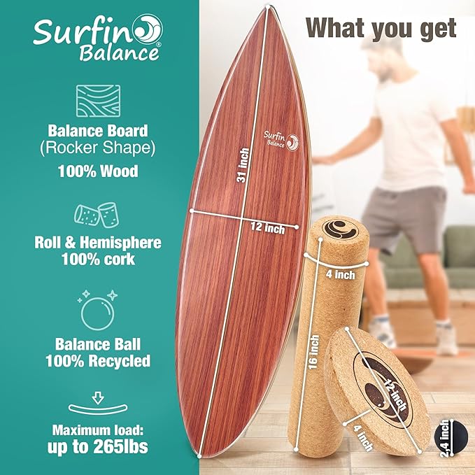 Board - unique board incl. corc roller, corc hemisphere and balance ball - surf balance board - balance training - balance board kids - balance board wood