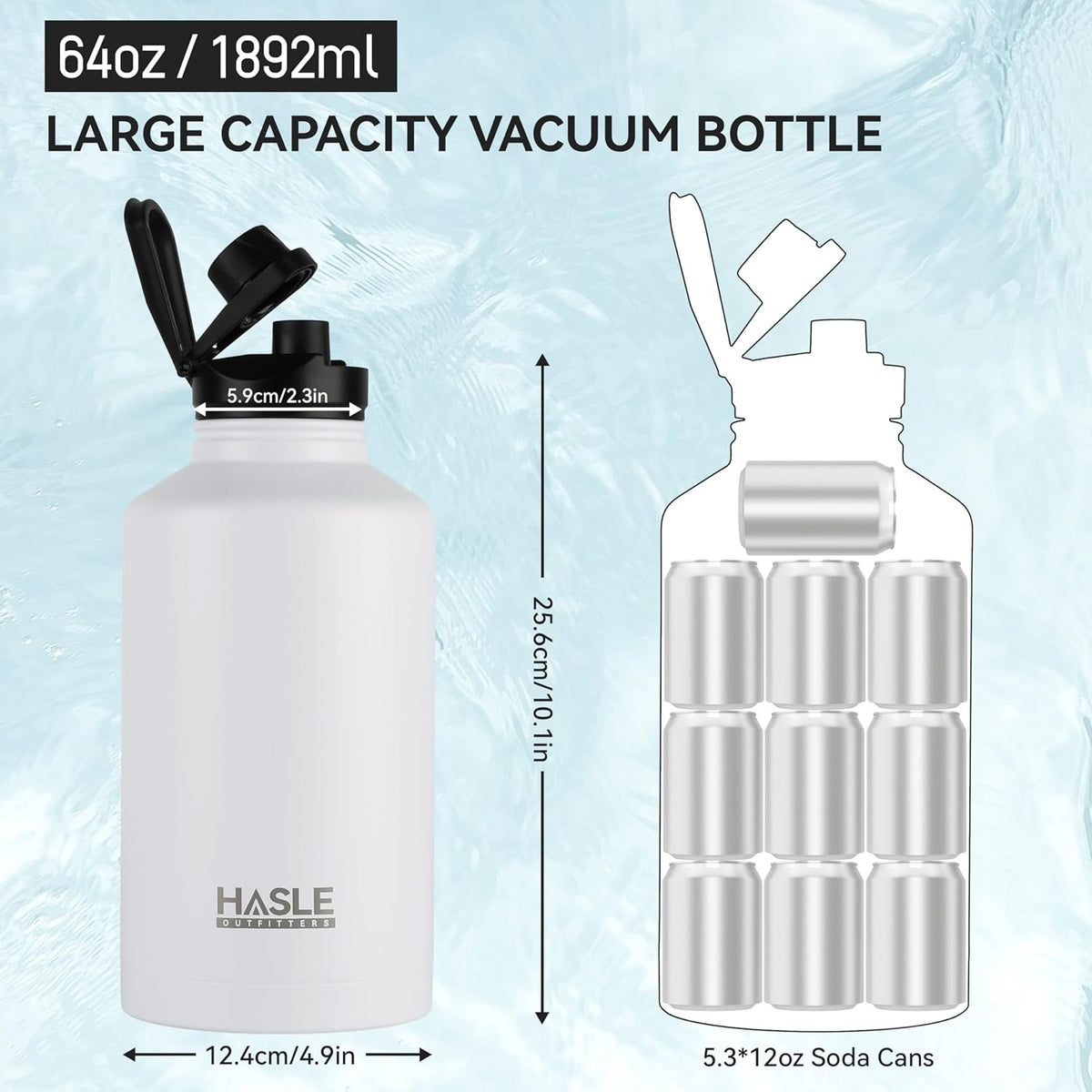 HASLE OUTFITTERS Half Gallon Insulated Water Bottles 64 oz, Stainless Steel Metal Water Jug with 2 Lids Keep Cold 48h/Hot 24h, Leak Proof & BPA-Free Water Flask Jug(White,1)