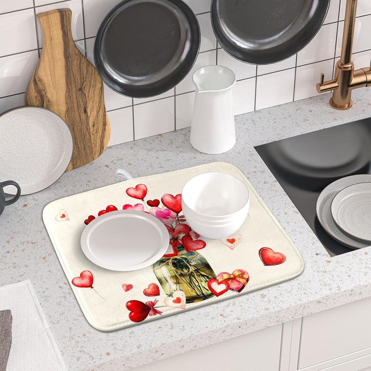 Valentine's Day Dish Drying Mat for Kitchen Counter,Red Love Canes Hearts Decorative Mason Jar Drying Mat 16 x 18 Inch with High Absorbent Microfiber Drainer Mat for Coffee Bar