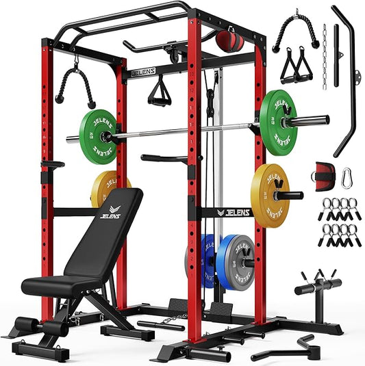 S21 Power Cage, Multi-Function Power Rack with Adjustable Cable Crossover System, 2000LBS Squat Rack for Home Gym with More Training Attachments