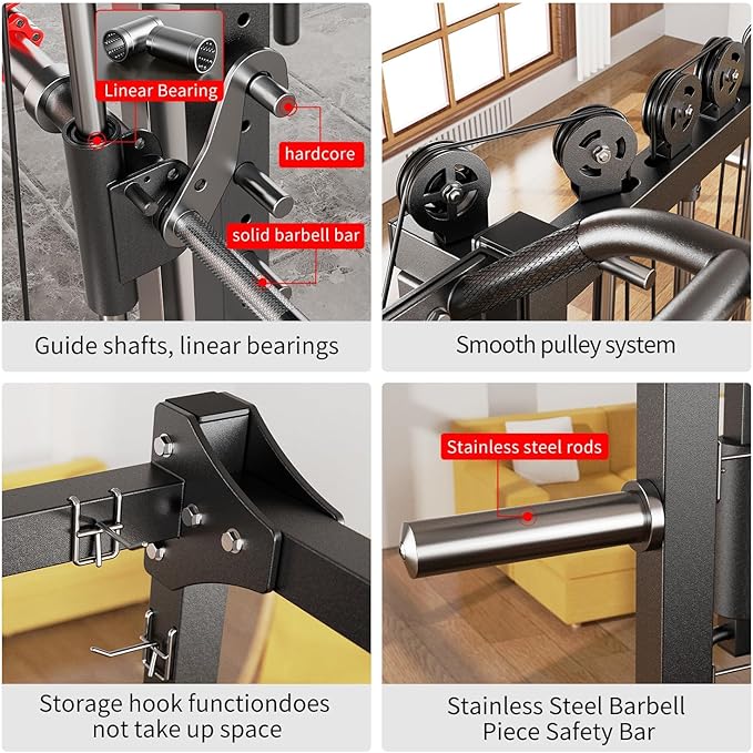 Smith Machine Power Rack Multifunctional Power Cage Deep Squat Rack Cable Crossover System Selectable More Training Attachment for Garage & Home Gym