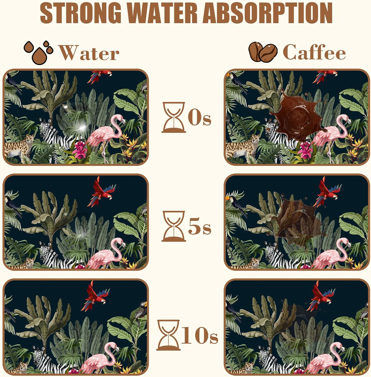 Jungle Animals Coffee Mat Tropical Dish Drying Mat for Kitchen Counter Absorbent Hide Stain Rubber Backed Coffee Bar Accessories Fit Under Espresso Machine Cafe Table, 15.7 x 23.6 Inch