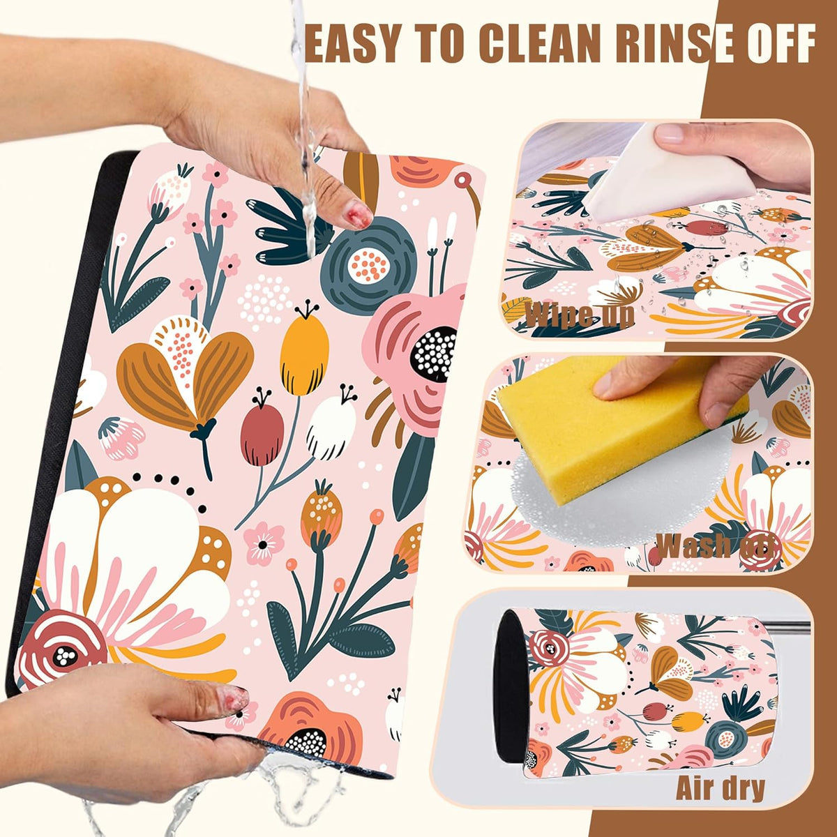 Dish Drying Mat Pink Flowers Berries Leaves Coffee Bar Mat for Countertop Absorbent Hide Stain Rubber Backed Dish Drainer Rack Pad Espresso Machine Dining Room Decor 11.8 x 19.7 Inch