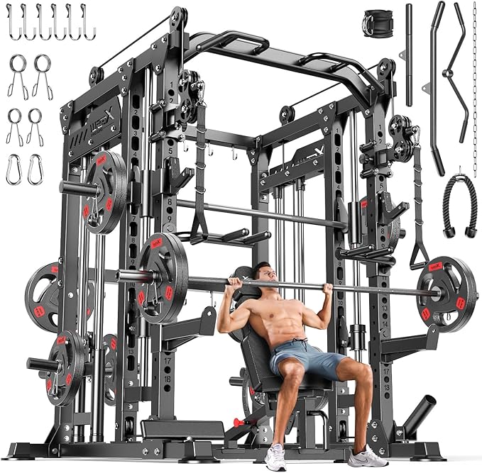 Smith Machine with Cable Crossover System, Multi-Function Power Cage Squat Rack for Home Gym, Power Rack and Packages Weight Sets.