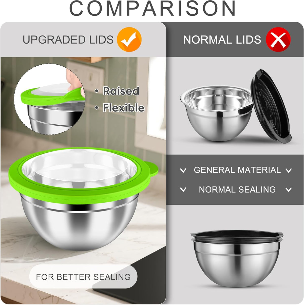 HaWare Mixing Bowls with Airtight Clear Lids, 6-Piece Stainless Steel Strong Nesting Bowls Set, Metal Salad Bowl for Cooking, Prepping, Baking, Serving & Food Storage, Size 4.6, 3, 1.5QT, Colorful