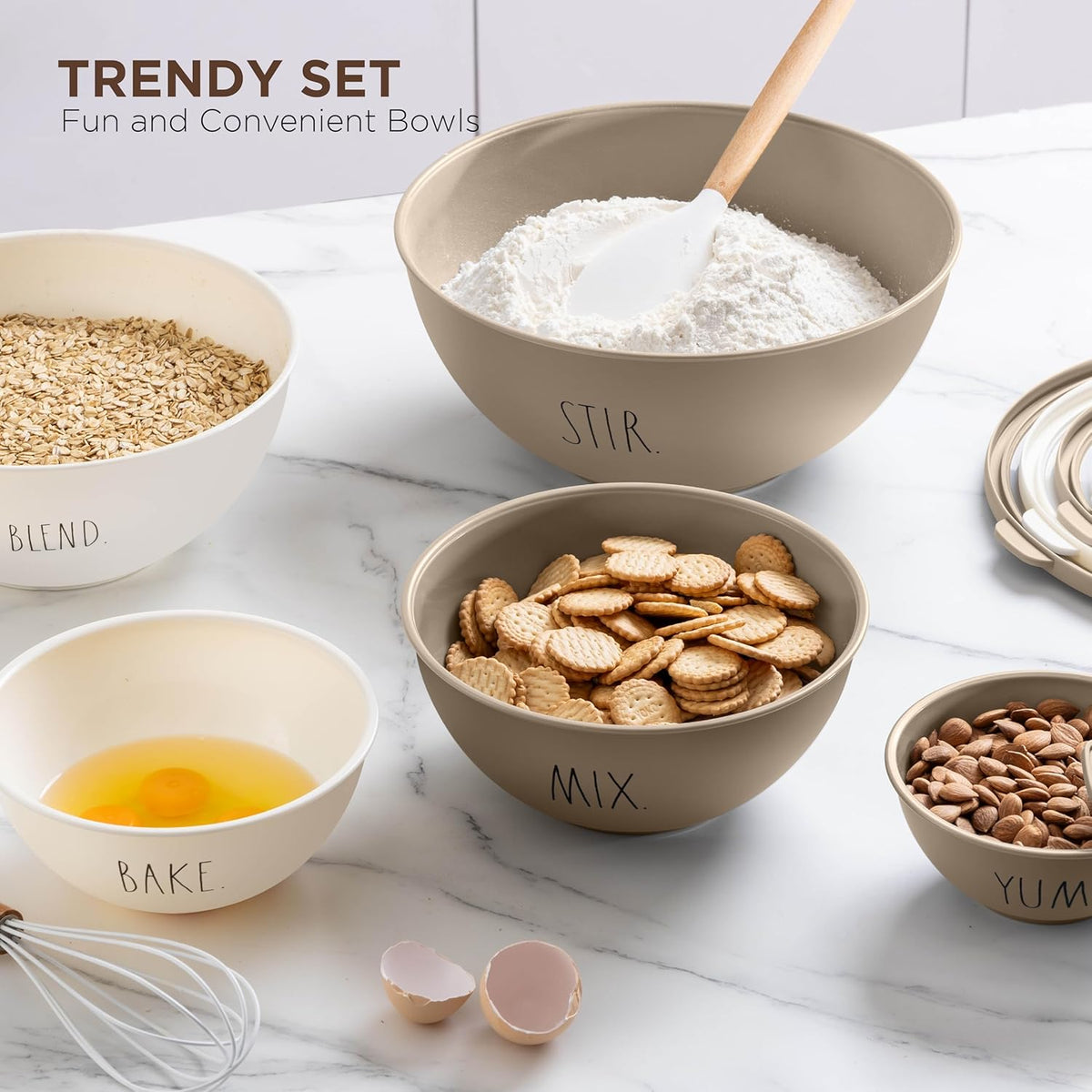 Rae Dunn Mixing Bowls with Lids - 10 Piece Plastic Nesting Bowls Set includes 5 Prep Bowls and 5 Lids (Brown)