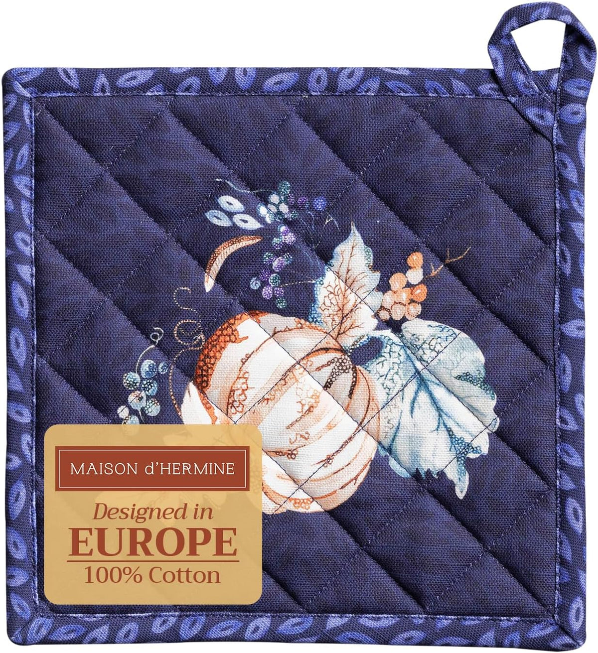 Maison d' Hermine Pot Holders 100% Cotton Heat Resistant Potholders 8" x 8" Hot Pads with Loop BBQ, Cooking, Baking, Grilling, Kitchen, Handling Hot Pans (Pack of 1, Pumpkin Blues)