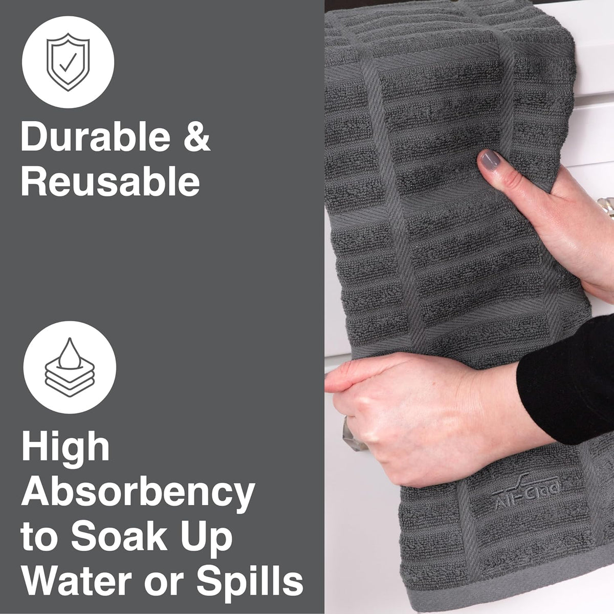All-Clad Solid Kitchen Towel: Highly Absorbent, Super Soft Long Lasting - 100% Cotton, 17"x30" Tea Towel for Cleaning & Drying Dishes, Pans, Glassware, or Countertops, (1-Pack), Pewter