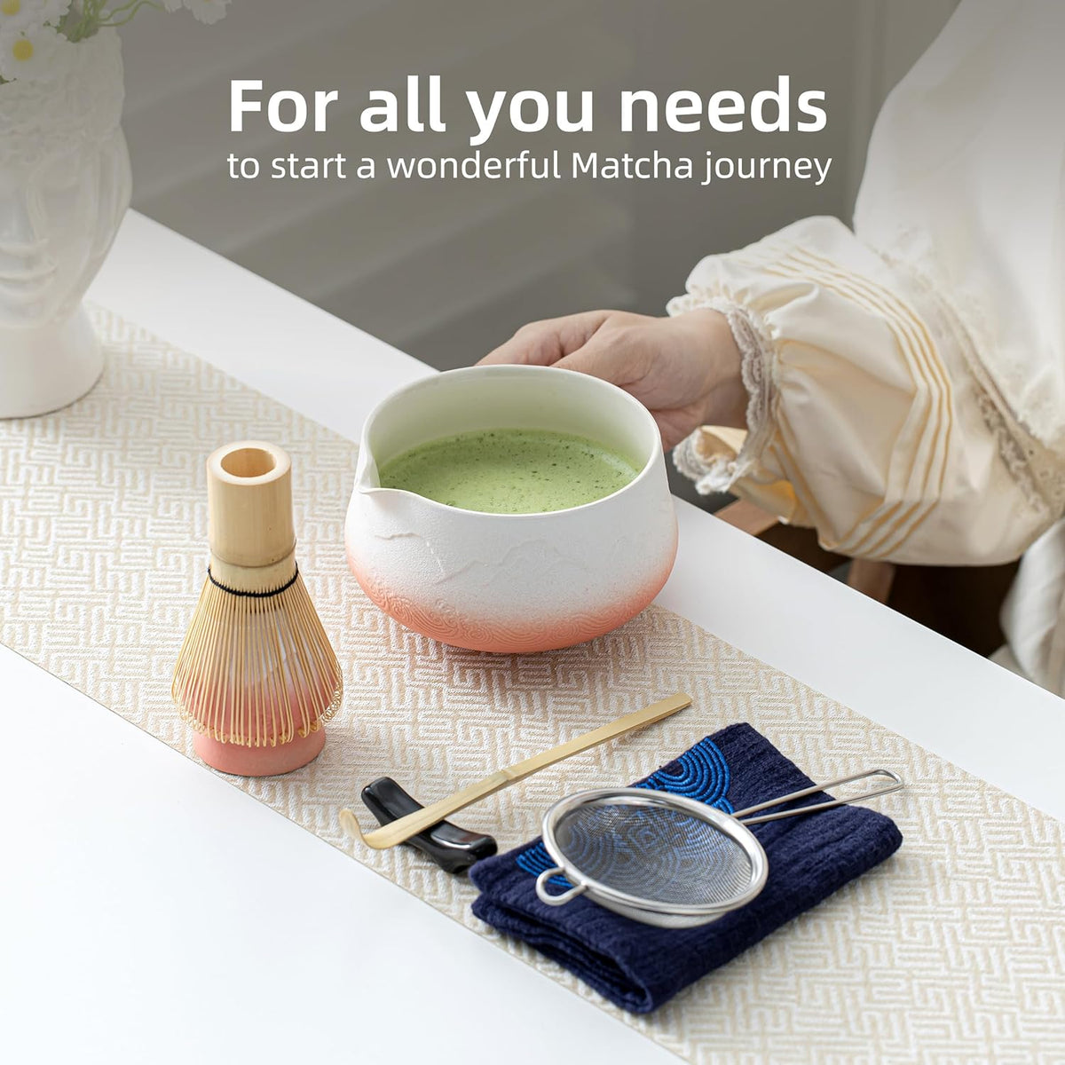 TEANAGOO 7 Pcs Matcha Whisk Set,Pink Matcha Set, Matcha Kit for Ceremony, Matcha Tea Set for Making Breakfast/Latte, Matcha Whisk and Pink Bowl with Scoop&Sifter, Gift for Matcha Lover