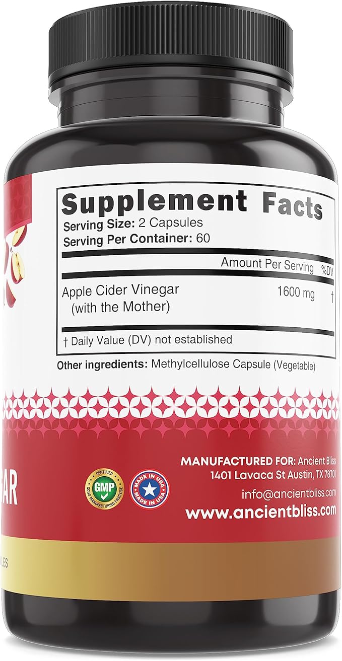Ancient Bliss Apple Cider Vinegar Organic Capsules with The Mother, Helps Improve Digestion, Unfiltered Vinegar Capsules, 1600MG (120 Capsules)