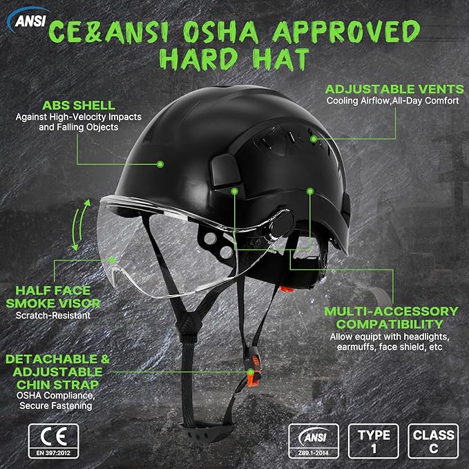 AOLAMEGS Construction Hard Hats for Men - ANSI Z89.1 OSHA Approved Safety Helmets, Black Hard Hat, Adjustable Vented Construction Hat with Clear Visor and Chin Strap, High Impact ABS Hardhats