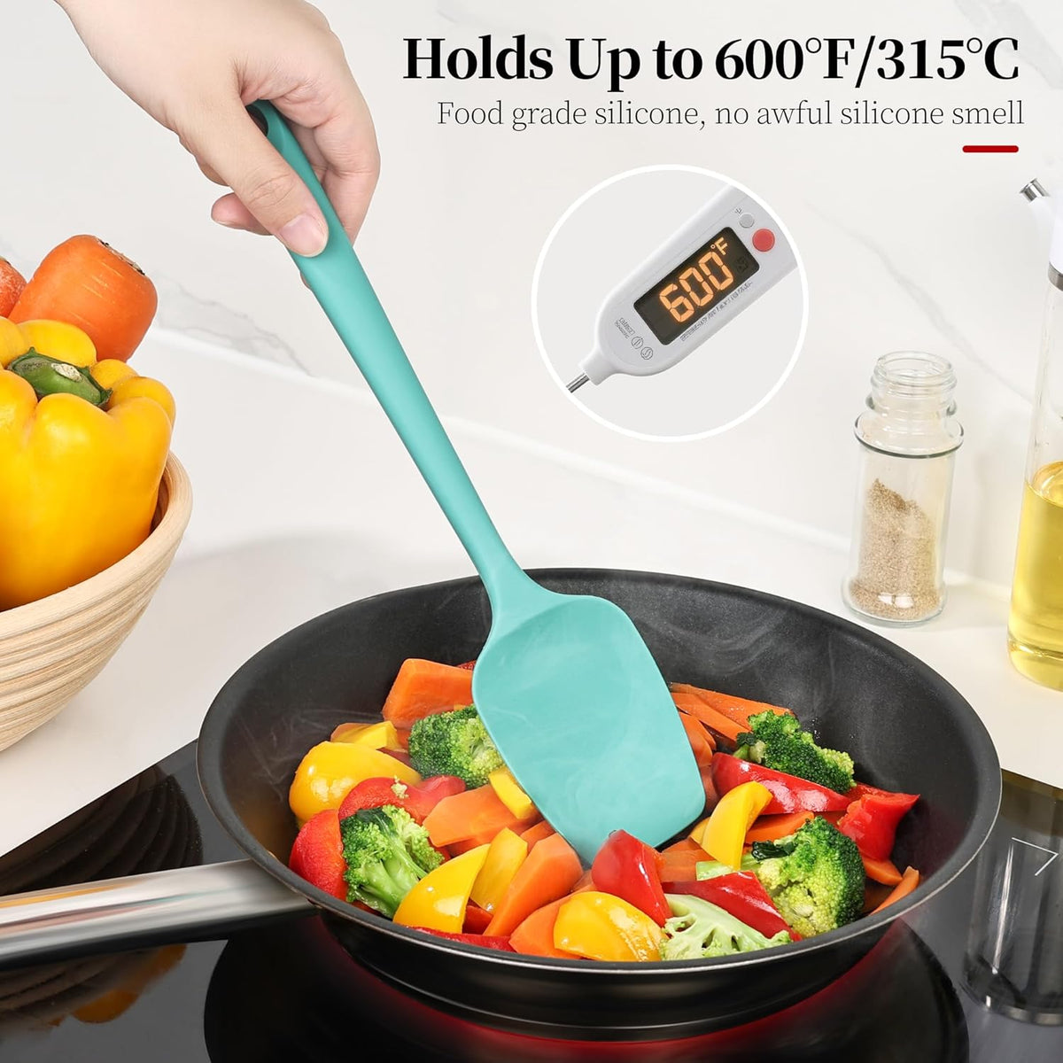 600ºF Heat Resistant Spatulas, High Heat Food Safe Semless Kitchen Silicone Scraper Set for Cooking Baking Mixing Scraping Stirring Nonstick Cookware Pan Bowl (4Pcs,Turquoise)