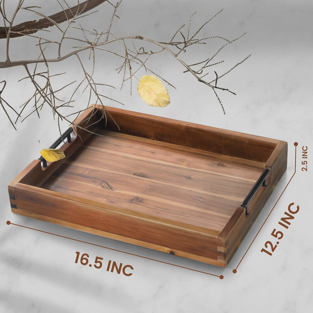 Ottoman Tray, Acacia Wood Serving Tray with Metal Handles, 16.5x12.5in Food Drinks Tray for Coffee Table, Breakfast, Dinner & Bar, Rustic Decorative Storage Tray for Ottoman, Kitchen, Packaging