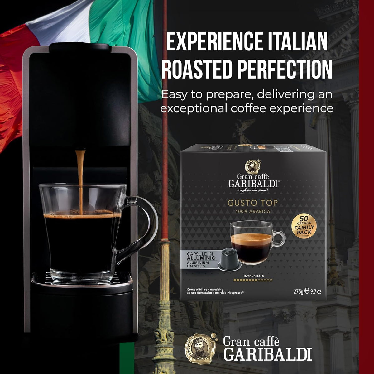 Gran Caffè Garibaldi Espresso Pods, Italian Roasted Compatible Nespresso Original Line Machines, 100% Arabica Blend, Brazilian & Central American Beans, Cocoa Aroma - Gusto Top (Aluminum) 200 Cups