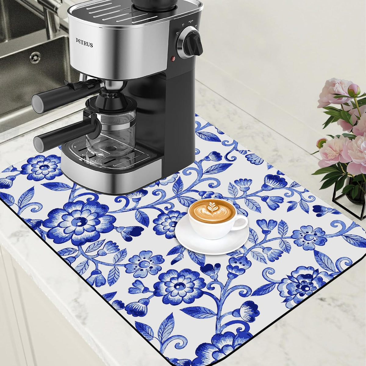 Dish Drying Mat Watercolor Blue Flowers Coffee Bar Mat for Countertop - Absorbent, Rubber Backed, Hide Stain Dish Drainer Rack - Coffee Maker Pot Dining Room Decor 15.7 x 23.6 Inch