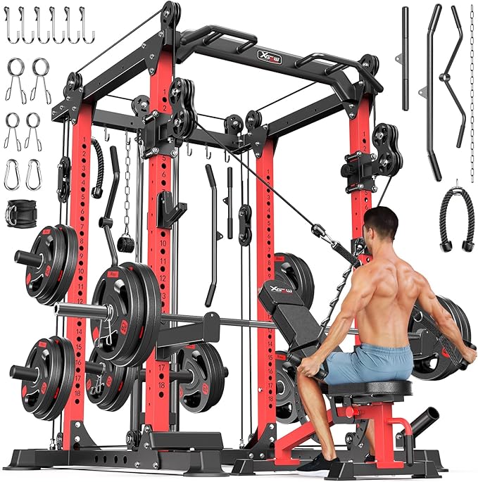 Power Cages Multi-Purpose Squat Rack with Cable Crossover System, Matching Weight Bench, Olympic Barbell Weight Set for Garage and Home Gyms