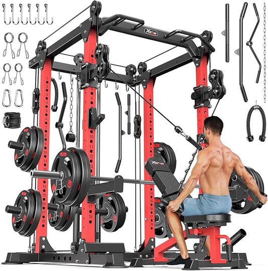 Power Cages Multi-Purpose Squat Rack with Cable Crossover System, Matching Weight Bench, Olympic Barbell Weight Set for Garage and Home Gyms