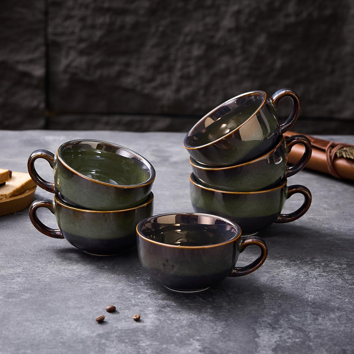 Set of 6 Vintage Design 12 oz Professional Barista Ceramic Latte Art Cappuccino Cups Set (Sea Grey * 6)