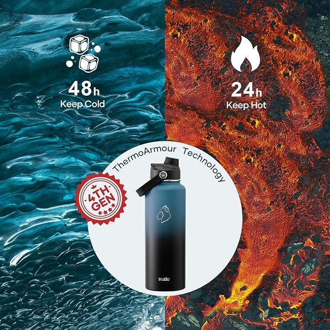 BUZIO Water Bottle with Straw Lid and Flex Cap, 40oz Double Vacuum Stainless Steel Water Flask, Cold for 48 Hrs Hot for 24 Hrs Simple Thermo Canteen Mug, Indigo Black