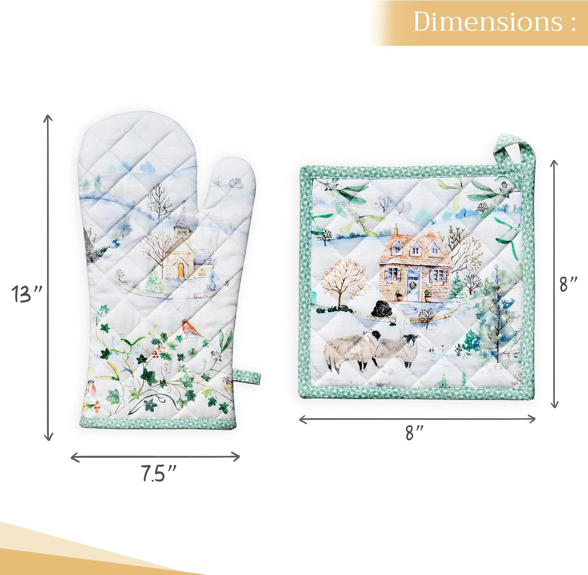 Maison d' Hermine 100% Cotton Oven Mitt & Pot Holder Set (7.5"x13" & 8"x8") Heat Resistant BBQ Cooking Gloves with Loop, Baking, Grilling, Kitchen, Handling Hot Pans (Snowy World)