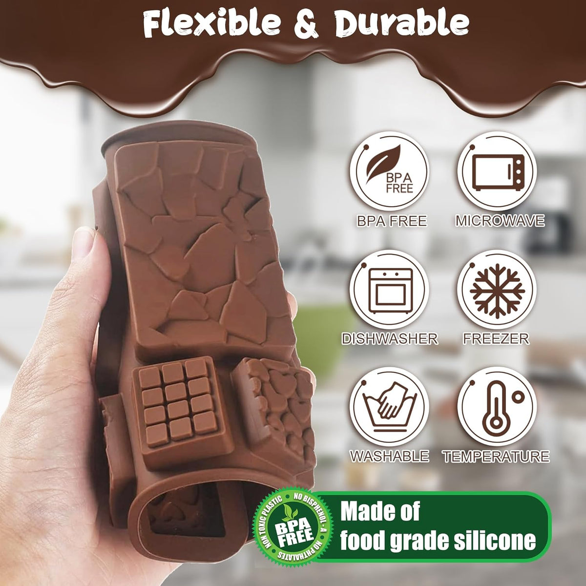 9 in 1 Silicone Break Apart Chocolate Bar Mold with Plastic Bags and Thanks for the stickers,Non Stick Homemade Protein and Energy Bar Mould - 113pcs