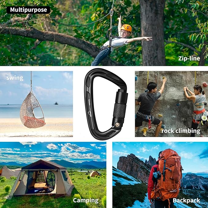 BEIFENG 25KN Auto Locking Carabiner - UIAA Certified Heavy Duty Climbing Carabiners for Rock Climbing, Camping, Rappelling, Hunting, Rescue Equipment - Professional Carabiner Clips (Black)