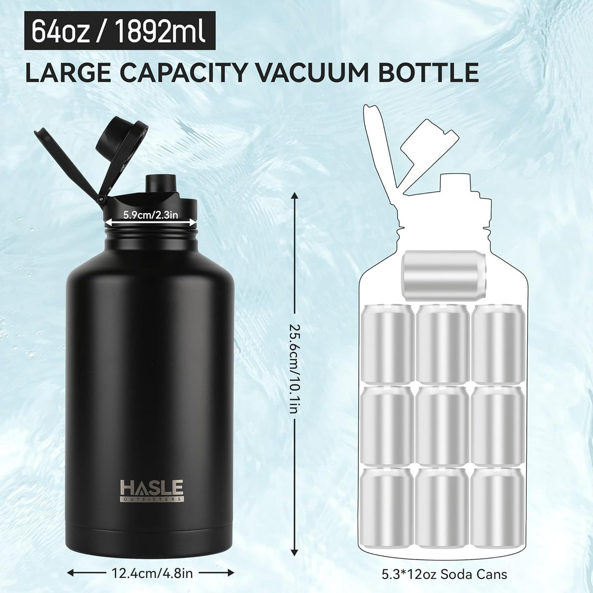HASLE OUTFITTERS Half Gallon Insulated Water Bottles 64 oz, Stainless Steel Metal Water Jug with 2 Lids Keep Cold 48h/Hot 24h, Leak Proof & BPA-Free Water Flask Jug(Black,1)