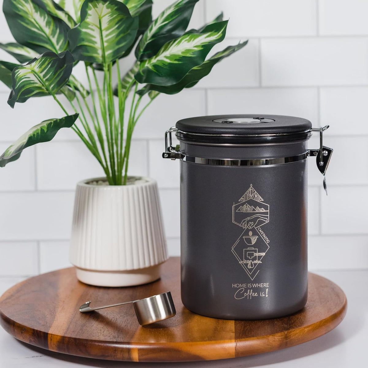 Large Coffee Canister – Airtight Stainless Steel Storage Container with Date Tracker & Scoop, Sealed Jar for Grounds, Beans, Tea, Flour, Cereal, and Sugar (Gray Home, 38OZ)