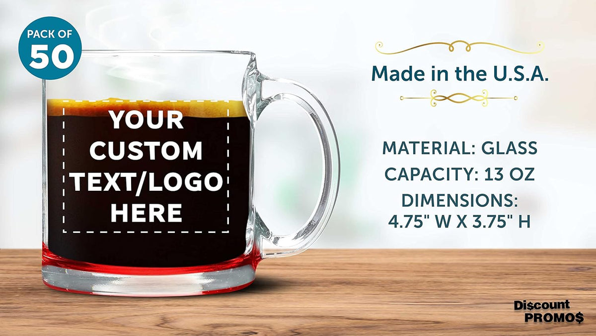 Custom Libbey Clear Glass Coffee Mugs 13 oz. Set of 50, Personalized Bulk Pack - Perfect for Coffee, Tea, Espresso, Hot Cocoa, Other Beverages - Red Bottom