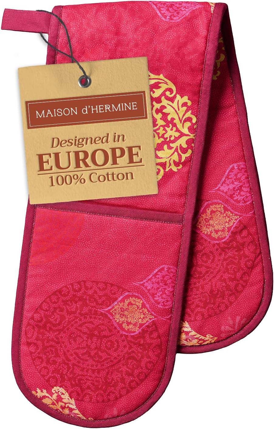 Maison d' Hermine Double Oven Mitts 100% Cotton 7"x35" Double Oven Mitt Heat Resistant BBQ Cooking Gloves with Loop, Baking, Grilling, Home, Kitchen, Handling Hot Pans (Versailles)