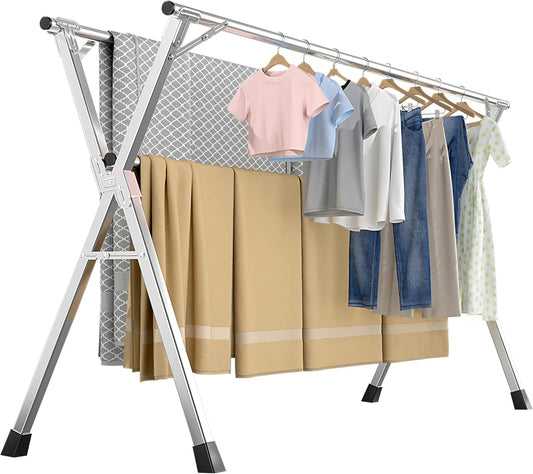 63 Inches Heavy - Duty Stainless Steel Folding Clothes Drying Rack Indoor Outdoor Anti-Rust 20 Windproof Hooks Portable & Foldable Laundry Rack (63'')