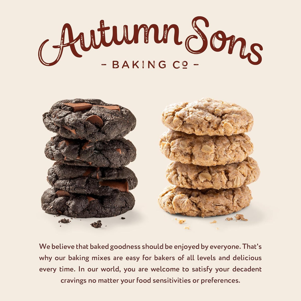 Autumn Sons Baking Co. Gluten Free Double Chocolate Chunk & Oatmeal Cinnamon Cookie Mix Combo Pack. Vegan Plant Based Baking Mix. Free From 11 Common Allergens. 9.3 oz (Pack of 2)