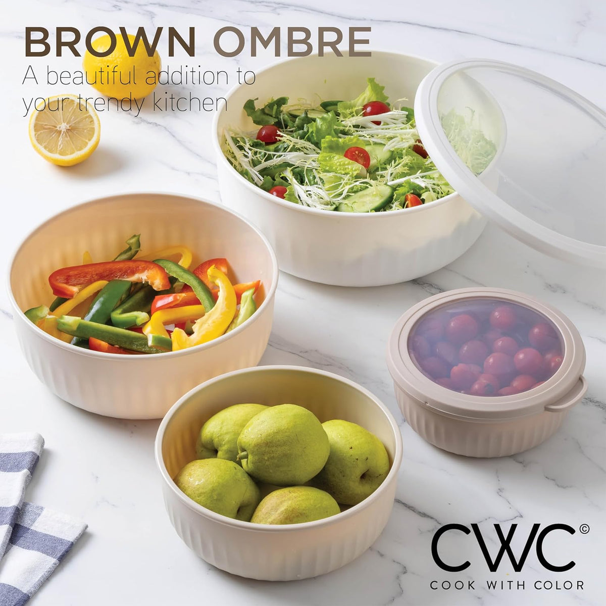 COOK WITH COLOR Prep Bowls with Lids- Wide and Deep Nesting Plastic Small Mixing Bowl Set with Lids, 12 Piece Set - Wide Bowls, Brown