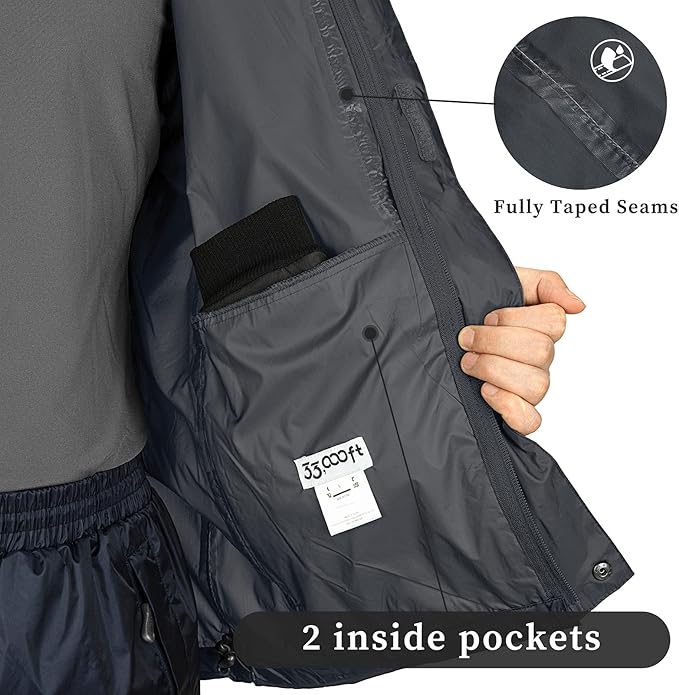 33,000ft Packable Rain Jacket Men's Lightweight Waterproof Rain Shell Jacket Raincoat with Hood for Golf Cycling Windbreaker