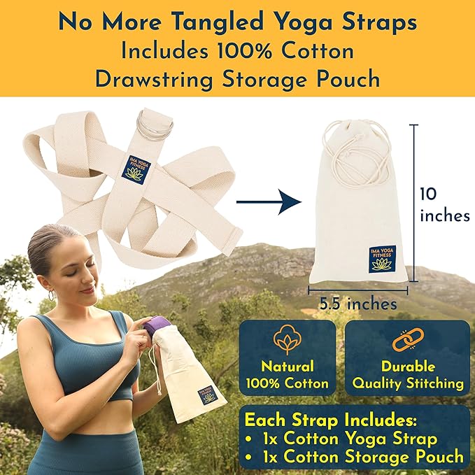 Adaptive Yoga Strap, Stretching Strap, 2 Inches Wide, 100% Naturally Soft Cotton, Steel D-Rings, Includes Natural Cotton Drawstring Storage Pouch and Instructional E-Book