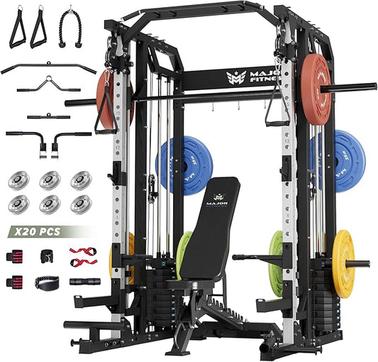 Major Fitness Smith△ Machine Drone2 Premium, All-in-One Home Gym Squat Rack with Aluminum Pulley Set , Weight Bar, Dual LAT Pull-Down Systems & Cable Crossover Machine for Full-Body Workouts