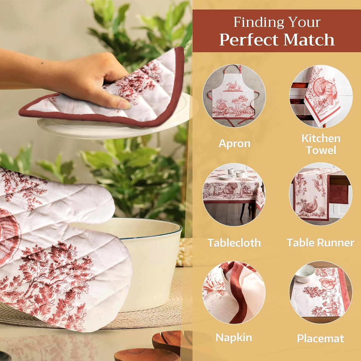 Maison d' Hermine Oven Gloves 100% Cotton Oven Mitt 7" x 13" with Loop Heat Resistant, BBQ, Cooking Gloves, Baking, Grilling, Kitchen, Handling Hot Pans (Pack of 1, Holy Jouy - Brown)