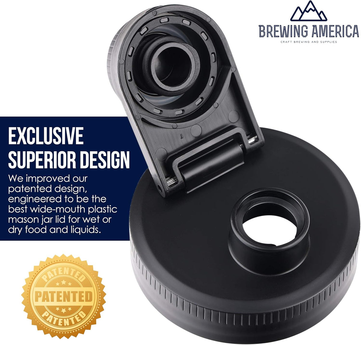 Brewing America Creamer Jar with Pouring Lid, 1 Pint (16 oz) Mason Jar with Black Wide Mouth Pour Lid, for Milk, Sugar, and Cream, 1-Pack (Black)