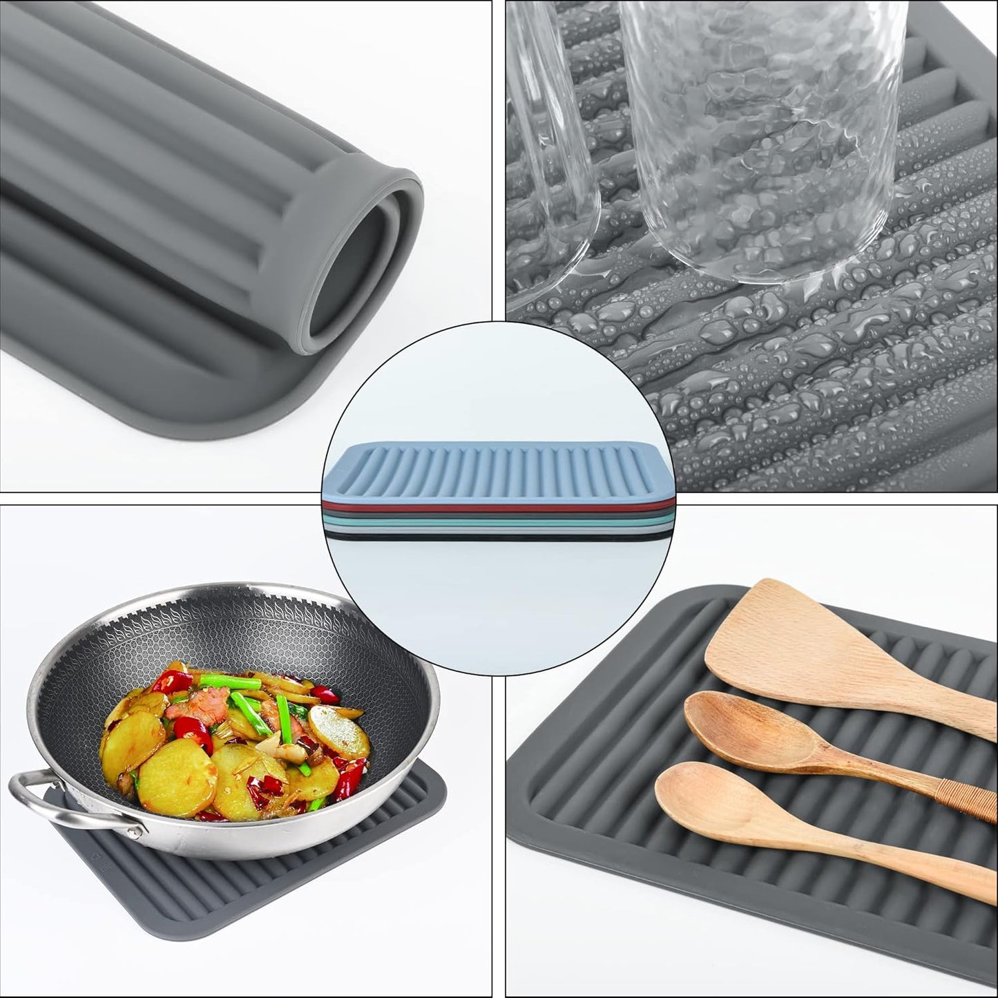 Trivets for Hot Pots and Pans, Large Black Silicone Trivets, Multi-Purpose Silicone Mat for Countertops, Heat Resistant, Set of 2