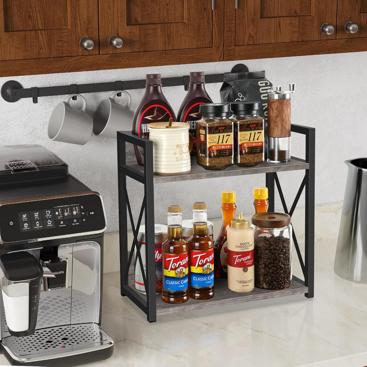 YINMIT Countertop Shelf Organizer,Coffee Bar Accessories,Spice Rack,Coffee Counter Shelf,2 Tier Coffee Organizer Station for Mugs,Cups,Cream,Syrup(Rustic Grey, Large)