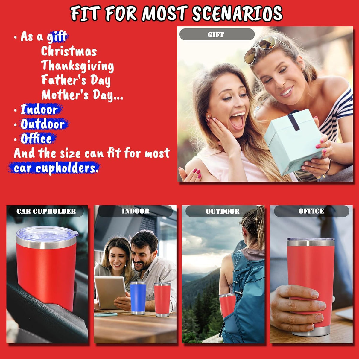 20 oz Tumbler with lid Double Wall Vacuum Insulated Tumblers Stainless Steel Coffee Mug Travel Coffee Tumbler Powder Coated Tumbler Cup Keep Hot&Cold - (Red 12 Pack)