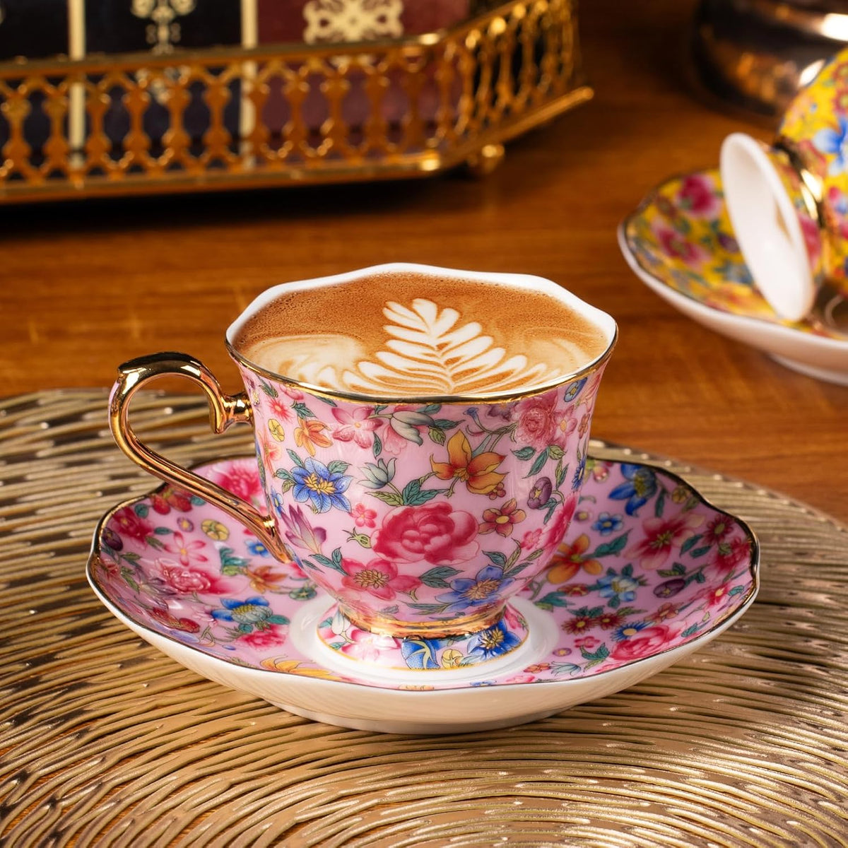 KAMMAK Tea Cups and Saucers Set of 2, Porcelain Coffee Cups with Saucer for Espresso, Cappuccino, 6.3oz Vintage Pink and Yellow Ceramic Demitasse Mug for Home, Tea Party, Office