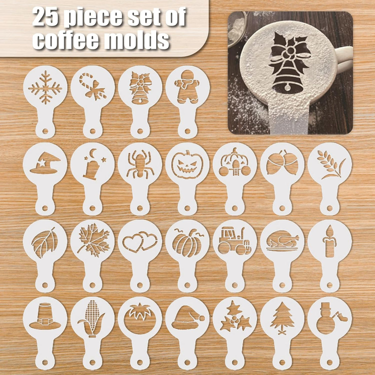 25Pcs Coffee Decorating Stencils, Reusable Cookie Cake Latte Art Stencils Templates Mold Tools, Magnoloran Foam Barista Templates for Decorating Oatmeal Cupcake Cake Cappuccino Mousse Hot Chocolate