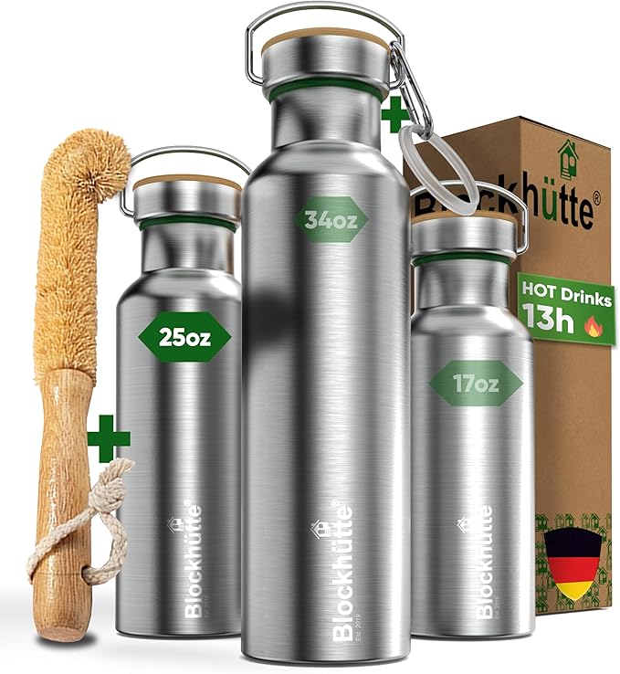 Blockhütte Vacuum Insulated Stainless Steel Water Bottle I 25 oz I Wide Mouth Metal Bottle for hot and cold drinks I BPA-Free I for Travel, School I Kids, Adults, Water Canteen, Sports, flask