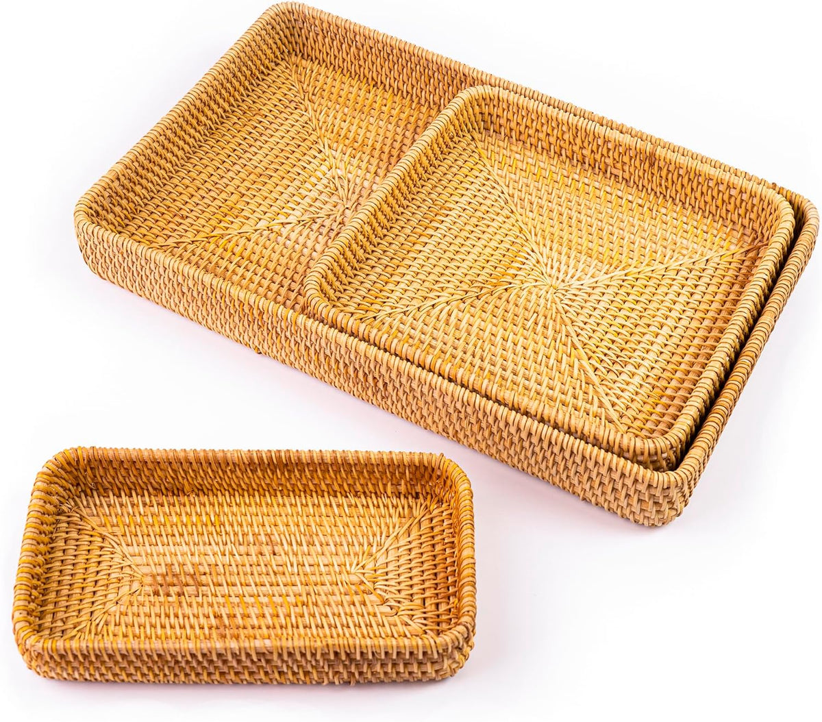 Handmade Rattan Serving Trays, Set of 3, Woven Rectangular Storage Baskets