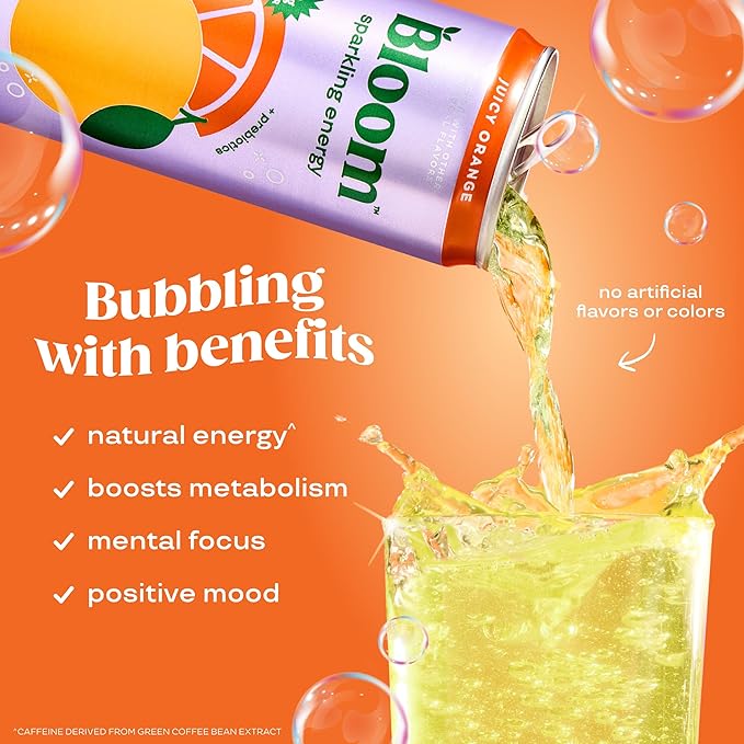 Bloom Nutrition Sparkling Energy Drink - Natural Caffeine, Zero Sugar, 180mg Caffeine - Antioxidant-Rich with Green Coffee Bean, Green Tea Extract, Prebiotics - Orange - 12oz 12 Pack